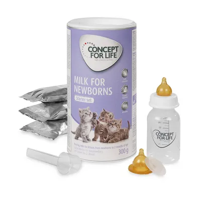 Concept for Life Milk for Newborns Starter set: 300 g tejpótló por, mérőkanál, cumisüveg, pótfejek és négy ezüst színű tasak látható a képen. Angol nyelvű feliratok.