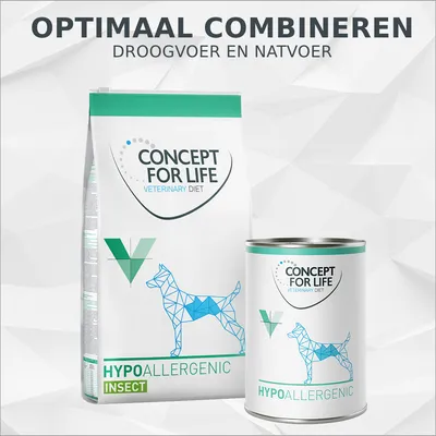 Concept for Life Veterinary Diet Hypoallergenic Insect droogvoer en natvoer voor honden, verpakking met hondensilhouet. Tekst: Optimaal combineren, droogvoer en natvoer.