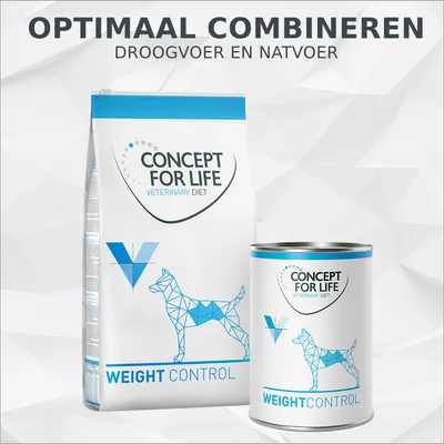 Concept for Life Veterinary Diet Weight Control droogvoer en natvoer voor honden, verpakking met blauwe accenten. Tekst: Optimaal combineren, droogvoer en natvoer.