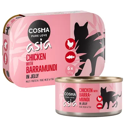 Cosma Asia kyckling med barramundi i gelé, multiprotein, rent kött och fisk, 6x170g. Förpackningen visar en kattsilhuett och symboler för kyckling och fisk.