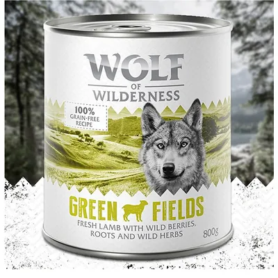 Wolf of Wilderness Green Fields, 100% grain-free recipe, fresh lamb with wild berries, roots and wild herbs, 800 g säilyketölkki