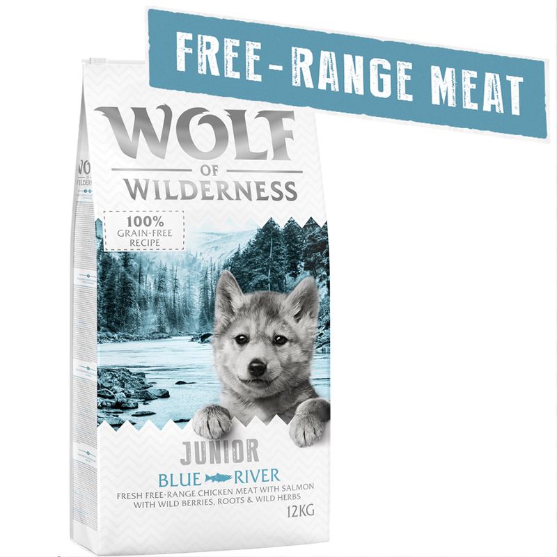 Wolf of Wilderness Junior Blue River poulet élevé en liberté, saumon pour chiot