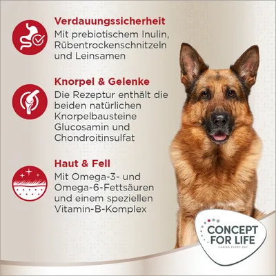 Verdauungssicherheit mit Inulin, Rübentrockenschnitzeln und Leinsamen. Knorpel & Gelenke mit Glucosamin und Chondroitinsulfat. Haut & Fell mit Omega-Fettsäuren und Vitamin-B-Komplex.
