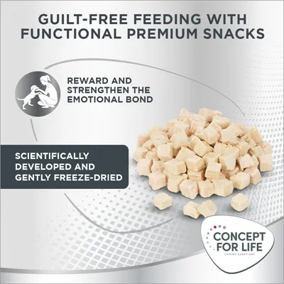 Concept for Life freeze-dried premium snacks, text: guilt-free feeding with functional premium snacks, reward and strengthen the emotional bond, scientifically developed and gently freeze-dried.