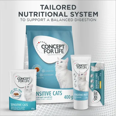 Concept for Life Sensitive Cats food range with packaging for dry food, jelly, paste and cubes. Text: Tailored nutritional system to support a balanced digestion.