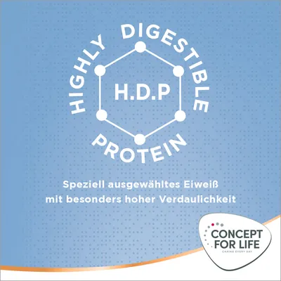 Highly Digestible Protein (H.D.P). Speziell ausgewähltes Eiweiß mit besonders hoher Verdaulichkeit. Concept for Life Caring Every Day.