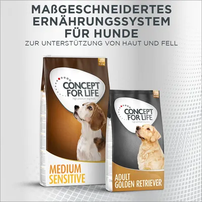 Concept for Life Hundefutter. Massgeschneidertes Ernährungssystem für Hunde zur Unterstützung von Haut und Fell. Varianten: Medium Sensitive, Adult Golden Retriever.