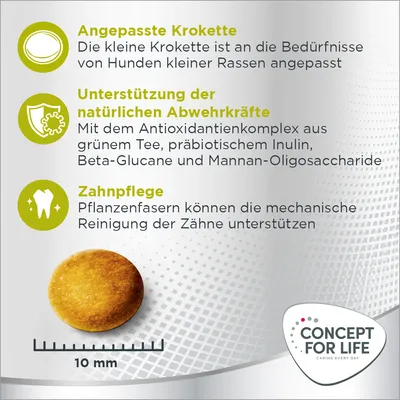 Angepasste Krokette für kleine Hunde, Unterstützung der Abwehrkräfte mit Antioxidantienkomplex, Zahnpflege durch Pflanzenfasern. Grösse: 10 mm. Concept for Life Logo sichtbar.