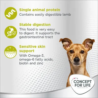Single animal protein, stable digestion, sensitive skin support. Sadrži lako probavljivu janjetinu, Omega-3 i 6 masne kiseline, biotin i cink. Concept for Life brand prikazan.