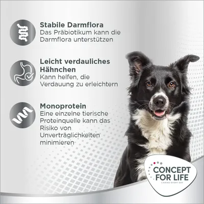 Stabile Darmflora durch Präbiotikum, leicht verdauliches Hähnchen zur Unterstützung der Verdauung, Monoprotein minimiert Unverträglichkeiten. Concept for Life Logo sichtbar.