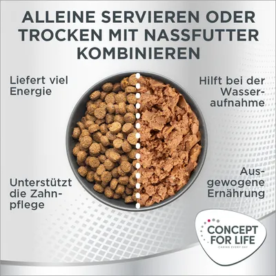 Trockenfutter und Nassfutter kombinierbar. Vorteile: Liefert Energie, unterstützt Zahnpflege, hilft bei Wasseraufnahme, ausgewogene Ernährung. Marke: Concept for Life.