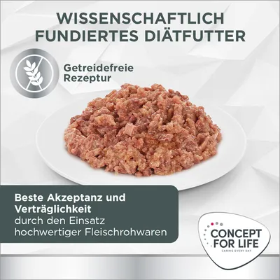 Texte en allemand : Wissenschaftlich fundiertes Diätfutter, Getreidefreie Rezeptur, Beste Akzeptanz und Verträglichkeit durch den Einsatz hochwertiger Fleischrohwaren, Concept for Life.