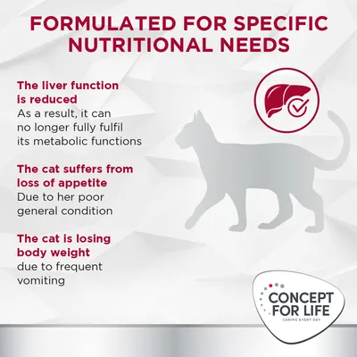 Formulated for specific nutritional needs. The liver function is reduced, the cat suffers from loss of appetite, the cat is losing body weight. Concept for Life Caring Every Day.