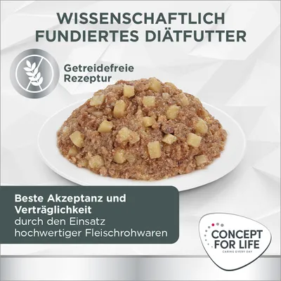 Wissenschaftlich fundiertes Diätfutter mit getreidefreier Rezeptur. Beste Akzeptanz und Verträglichkeit durch hochwertige Fleischrohwaren. Marke: Concept for Life.