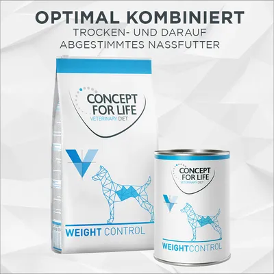 Concept for Life Veterinary Diet Weight Control croquettes et pâtée pour chien, texte en allemand : Optimal kombiniert, Trocken- und darauf abgestimmtes Nassfutter.