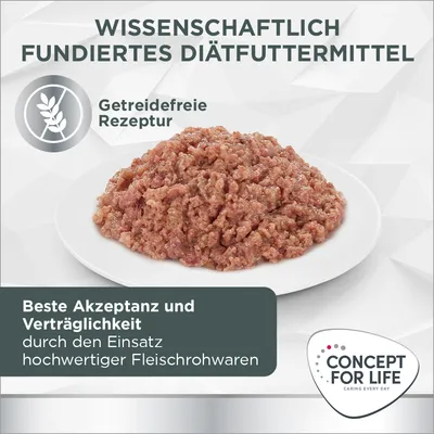 Wissenschaftlich fundiertes Diätfuttermittel mit getreidefreier Rezeptur. Beste Akzeptanz und Verträglichkeit durch hochwertige Fleischrohwaren. Marke: Concept for Life.