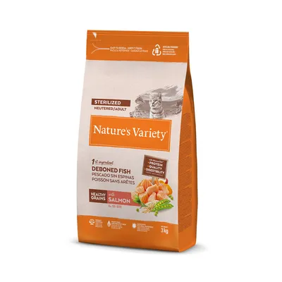 Sac de croquettes Nature's Variety pour chat stérilisé adulte, 1er ingrédient poisson sans arêtes, avec saumon, céréales complètes, 3 kg. Texte visible en anglais et français.