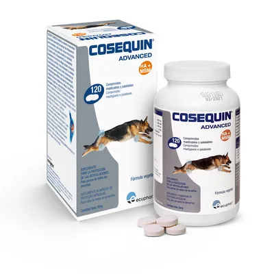 Cosequin Advanced HA+MSM, 120 comprimidos masticables para perros. Suplemento para la protección de las articulaciones. Fórmula vegetal. Marca Ecuphar. Envase y caja visibles.