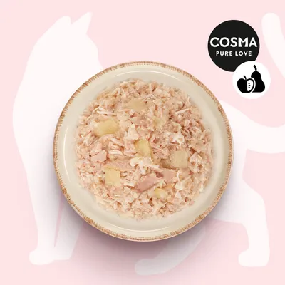 Assiette de nourriture humide pour chat avec morceaux visibles, marque Cosma Pure Love, fond rose avec silhouette de chat et icône de fruits.