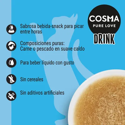 COSMA PURE LOVE DRINK. Sabrosa bebida-snack, carne o pescado en caldo, para beber líquido, sin cereales ni aditivos artificiales. Texto en español.