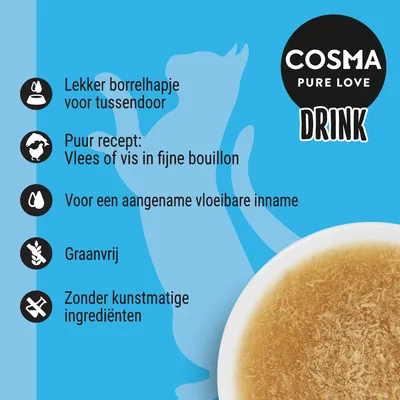 COSMA PURE LOVE DRINK. Lekker borrelhapje voor tussendoor, puur recept: vlees of vis in fijne bouillon, voor een aangename vloeibare inname, graanvrij, zonder kunstmatige ingrediënten.