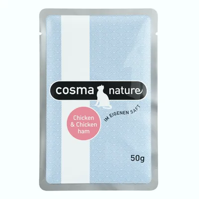 cosma nature kattemad, Chicken & Chicken ham, IM EIGENEN SAFT, 50 g. Synlig pose med blå mønster og hvid stribe.