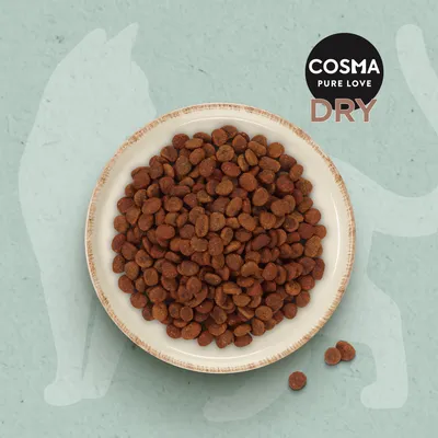 Cosma Pure Love Dry. Сухой корм в коричневых гранулах на белой тарелке, на фоне силуэты кошек.