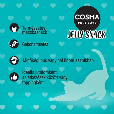 COSMA PURE LOVE JELLY SNACK. Természetes macskasnack, gabonamentes, minőségi hús vagy hal aszpikban, ideális jutalomként, étkezések között vagy toppingként.