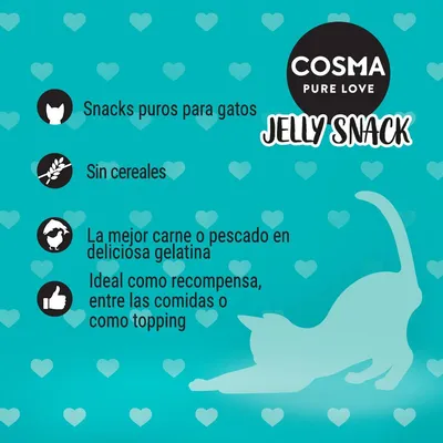 COSMA PURE LOVE JELLY SNACK. Snacks puros para gatos, sin cereales. La mejor carne o pescado en deliciosa gelatina. Ideal como recompensa, entre las comidas o como topping.