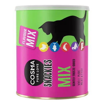 Boîte Cosma Pure Love Snackies Mix, texte visible : Flavour Mix, 100% pure meat & fish, gently freeze-dried. Silhouette de chat et illustrations d’animaux sur l’emballage.