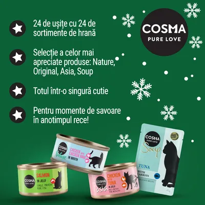 24 de ușițe cu 24 de sortimente de hrană Cosma Pure Love. Selecție Nature, Original, Asia, Soup. Totul într-o singură cutie. Pentru momente de savoare în anotimpul rece!