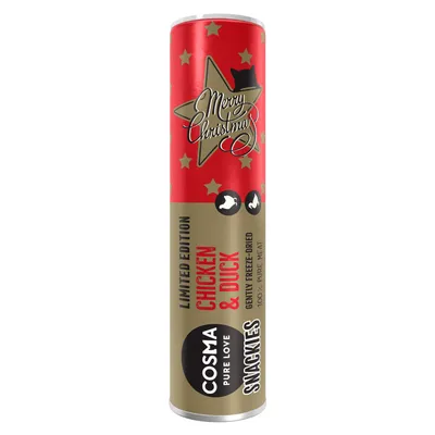 Cosma Snackies Limited Edition csirke és kacsa, kíméletesen fagyasztva szárított, 100% tiszta hús. Piros és arany csomagolás karácsonyi mintával és macskával.