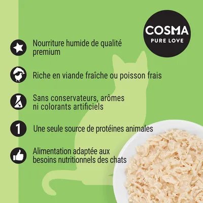 COSMA PURE LOVE. Nourriture humide premium, riche en viande fraîche ou poisson frais, sans conservateurs, arômes ni colorants artificiels, une seule source de protéines animales, adaptée chats.