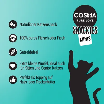 Cosma Snackies Minis: Natürlicher Katzensnack, 100% Fleisch oder Fisch, getreidefrei, kleine Würfel für Kitten und Senior-Katzen, perfekt als Topping auf Nass- oder Trockenfutter.