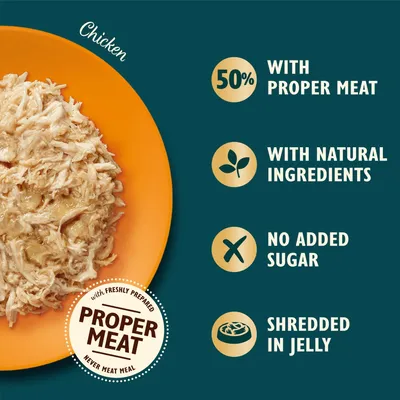 Chicken food with 50% proper meat, natural ingredients, no added sugar, shredded in jelly. Label states freshly prepared proper meat, never meat meal.