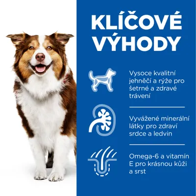 Klíčové výhody: vysoce kvalitní jehněčí a rýže pro šetrné trávení, vyvážené minerály pro zdraví srdce a ledvin, omega-6 a vitamín E pro kůži a srst.