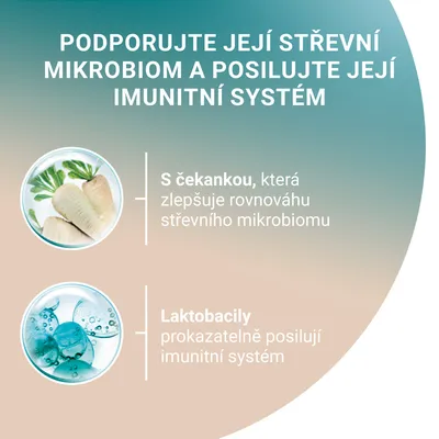 Text v češtine: Podporujte její střevní mikrobiom a posilujte její imunitní systém. S čekankou, která zlepšuje rovnováhu střevního mikrobiomu. Laktobacily prokazatelně posilují imunitní systém.