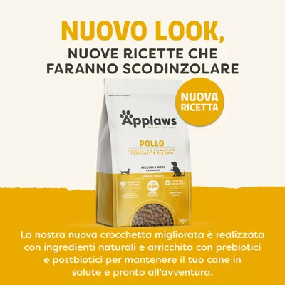 Applaws Pollo, nuova ricetta per cani. Completo e bilanciato, con componenti naturali, arricchito con prebiotici e postbiotici. Senza cereali, supporta il sistema immunitario. Applaws Pollo, nuova ricetta per cani. Completo e bilanciato, con componenti naturali, arricchito con prebiotici e postbiotici. Senza cereali, supporta il sistema immunitario.