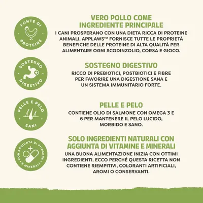 Ingredienti principali: vero pollo, promozione della digestione grazie ai prebiotici, olio di salmone per un pelo sano, solo ingredienti naturali con vitamine e minerali, senza riempitivi o additivi artificiali. Ingredienti principali: vero pollo, promozione della digestione grazie ai prebiotici, olio di salmone per un pelo sano, solo ingredienti naturali con vitamine e minerali, senza riempitivi o additivi artificiali.