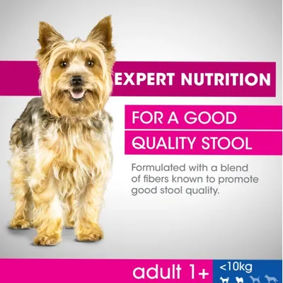 EXPERT NUTRITION, FOR A GOOD QUALITY STOOL, Formulated with a blend of fibers known to promote good stool quality, adult 1+, alle 10 kg. Teksti englanniksi.