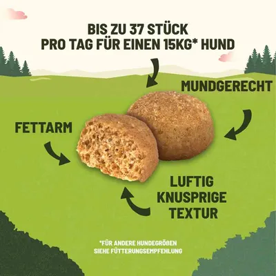 Do 37 komada dnevno za psa od 15 kg. S malo masnoće, prikladne veličine, prozračno hrskava tekstura. Za druge veličine pasa pogledajte preporuku za hranjenje.