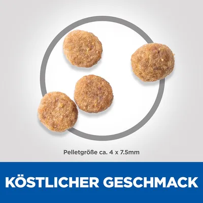 Velikost pelet približno 4 x 7,5 mm. Okusen okus.