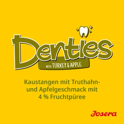 Denties with Turkey & Apple. Kaustangen mit Truthahn- und Apfelgeschmack mit 4 % Fruchtpüree. Josera.