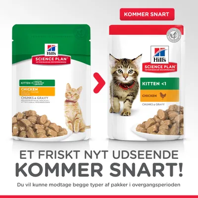 Hill's Science Plan Kitten <1 Chicken Chunks & Gravy vådfoder til katte, to pakker med forskelligt design. Tekst: Et friskt nyt udseende kommer snart!