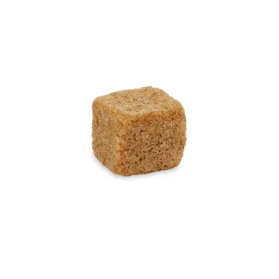 Single brown cube-shaped pet treat shown on a white background.