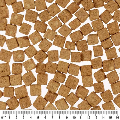 Cubi di snack per pet disposti su sfondo bianco, con righello in centimetri da 0 a 16 per mostrare la dimensione dei pezzi.