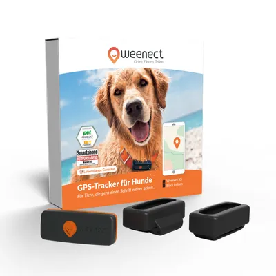 Weenect GPS tracker pro psy, Weenect XS Black Edition, doživotní záruka, vynikající pro chytré telefony, vítěz v kategorii pet produktů, na obalu je zobrazen tracker a příslušenství.