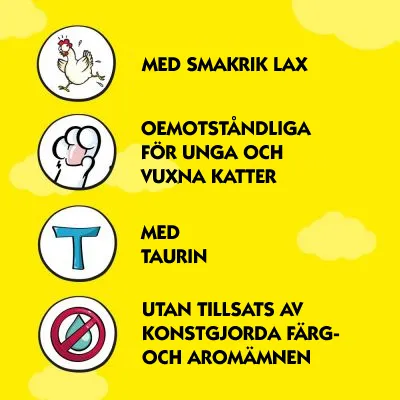 Med smakrik lax. Oemotståndliga för unga och vuxna katter. Med taurin. Utan tillsats av konstgjorda färg- och aromämnen.