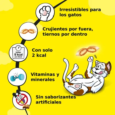 Irresistibles para los gatos, crujientes por fuera y tiernos por dentro, con solo 2 kcal, vitaminas y minerales, sin saborizantes artificiales.