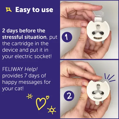 Instructional image showing how to insert a cartridge into a device and plug it into an electric socket two days before a stressful situation for 7 days of use.